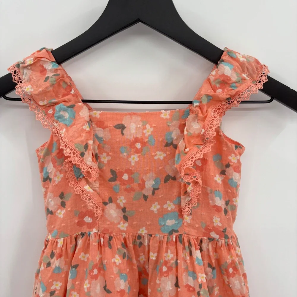 btween Girls Peach Floral Swiss Dot Ruffle Button Front‎ Tiered Dress Size 5